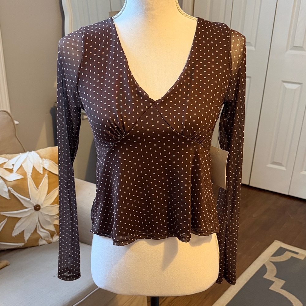 Trendy Brown w/ White Polka Dot Long Sheer Sleeve Top XS NWT